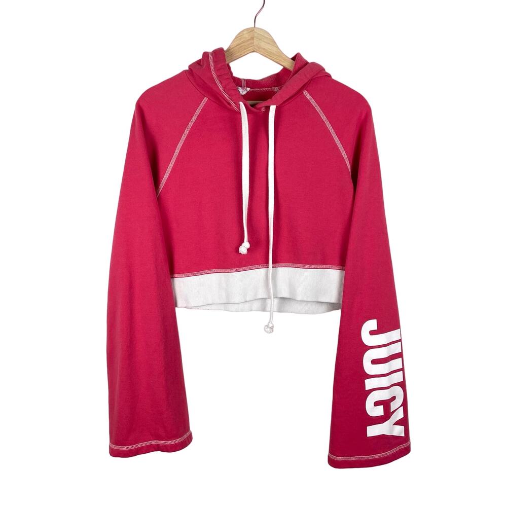 Juicy Couture y2k Pink Cropped Hoodie Size S Graphic Logo Sweatshirt Bell Sleeve